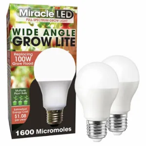 MIRACLE LED 602157 Light Bulb, Full Spc Mlt Pt LED Grow, PK 2, A19, 100W INC Watt Eq, 120V, 9 W Watts, LED | CT3QGT 655Y44