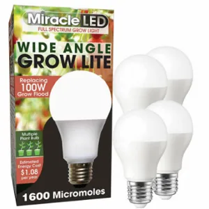 MIRACLE LED 602158 Light Bulb, Full Spc Mlt Pt LED Grow, PK 4, A19, 100W INC Watt Eq, 120V, 9 W Watts, LED | CT3QGV 655Y45