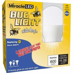 MIRACLE LED 602169 Bug Light Wide Angle Yellow Amber G, PK 2, A19, 60 W INC/13 W CFL Watt Eq, 120 VAC | CT3QFZ 655Y53