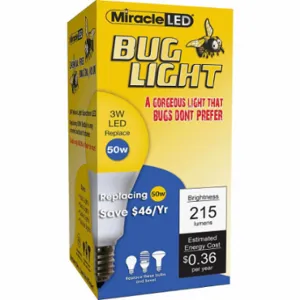 MIRACLE LED 602176 Bug Light Bulb, 3W, Lw Prf LED Amber Glow, A15, 40 W INC Watt Eq, 120 VAC, 3 W Watts | CT3QFW 655Y59