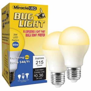 MIRACLE LED 602177 Bug Light Bulb, 3W, Lw Prf LED Amber, PK 2, A15, 40 W INC Watt Eq, 120 VAC, 3 W Watts | CT3QFX 655Y60