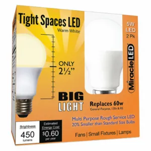 MIRACLE LED 602189 LED Bulb, A15, Medium Screw, 60W INC, 5 W Watts, 450 lm, LED, 2 PK | CT3QFK 655Y72