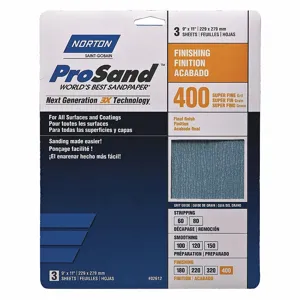 NORTON ABRASIVES 07660768156 Sandpaper Sheet, 400 Grit, 11 Inch Length, 9 Inch Width, Aluminum Oxide, Tan, 3Pk | CJ3GPP 45MY71