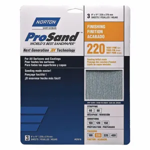 NORTON ABRASIVES 07660768158 Sandpaper Sheet, 220 Grit, 11 Inch Length, 9 Inch Width, Aluminum Oxide, 3Pk | CJ3GPD 45MY73