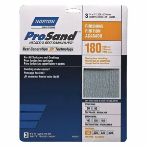 NORTON ABRASIVES 07660768159 Sandpaper Sheet, 180 Grit, 11 Inch Length, Aluminum Oxide, Very Fine Grade, 3Pk | CJ3GPB 45MY74