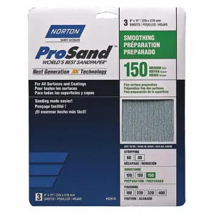 NORTON ABRASIVES 07660768160 Sandpaper Sheet, 150 Grit, 11 Inch Length, 9 Inch Width, Aluminum Oxide, 3Pk | CJ3GPU 45MY75