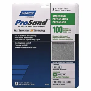 NORTON ABRASIVES 07660768162 Sandpaper Sheet, 100 Grit, 11 Inch Length, Aluminum Oxide, Fine Grade, 3Pk | CJ3GPH 45MY77