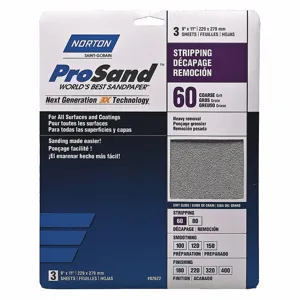 NORTON ABRASIVES 07660768164 Sandpaper Sheet, 60 Grit, 11 Inch Length, Aluminum Oxide, Medium Grade, 3Pk | CJ3GPF 45MY79