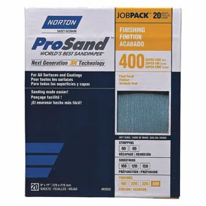 NORTON ABRASIVES 07660768165 Sandpaper Sheet, 400 Grit, 11 Inch Length, 9 Inch Width, Aluminum Oxide, 20Pk | CJ3GPC 45MY80