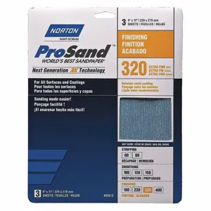 NORTON ABRASIVES 07660768157 Sandpaper Sheet, 320 Grit, 11 Inch Length, 9 Inch Width, Aluminum Oxide, 3Pk | CJ3GPM 45MY72