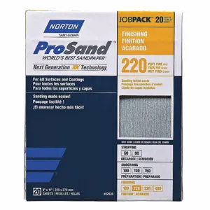 NORTON ABRASIVES 07660768167 Sandpaper Sheet, 220 Grit, 11 Inch Length, 9 Inch Width, Aluminum Oxide, Tan, 20Pk | CJ3GPK 45MY82