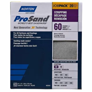 NORTON ABRASIVES 07660768175 Sandpaper Sheet, 60 Grit, 11 Inch Length, 9 Inch Width, Aluminum Oxide, 20Pk | CJ3GPE 45MY88