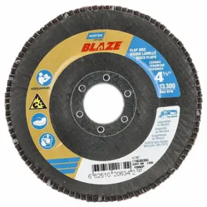 NORTON ABRASIVES 66261020634 Flap Disc, Type 27, 4 1/2 Inch x 7/8 Inch, Ceramic, 80 Grit, Fiberglass Bk, High Density | CT4EHQ 804HV1