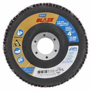 NORTON ABRASIVES 66261097678 Flap Disc, Type 27, 4 1/2 Inch x 7/8 Inch, Ceramic, 36 Grit, Fiberglass Bk, High Density | CT4EHL 804HV3