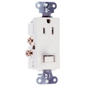 PASS AND SEYMOUR 681-W Combination Switch, Receptacle, Single Pole Switch, 15A, 120/125V, White | CH3YWH