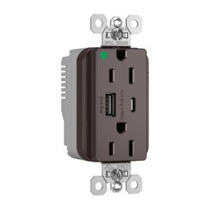 PASS AND SEYMOUR PTTR15HACUSB USB Charger Receptacle, Hospital Grade, 15A, Brown | CH4GZX