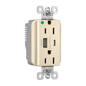 PASS AND SEYMOUR PTTR15HACUSBLA USB Charger Receptacle, Hospital Grade, 15A, Light Almond | CH4HAA