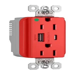 PASS AND SEYMOUR PTTR15HACUSBRED USB Charger Receptacle, Hospital Grade, 15A, Red | CH4HAB