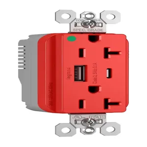 PASS AND SEYMOUR PTTR20HACUSBRED USB Charger Receptacle, Hospital Grade, 20A, Red | CH4HAJ