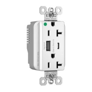 PASS AND SEYMOUR PTTR20HACUSBW USB Charger Receptacle, Hospital Grade, 20A, White | CH4HAK