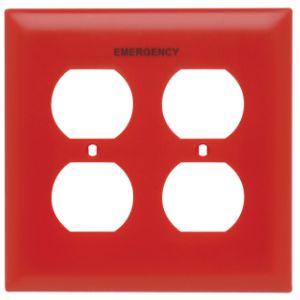 PASS AND SEYMOUR TP82-ERED Pad Printed Wall Plate, Emergency, Two Gang Duplex Receptacle, Red | CH4GKY