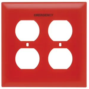 PASS AND SEYMOUR TP82-ERED Pad Printed Wall Plate, Emergency, Two Gang Duplex Receptacle, Red | CH4GKY