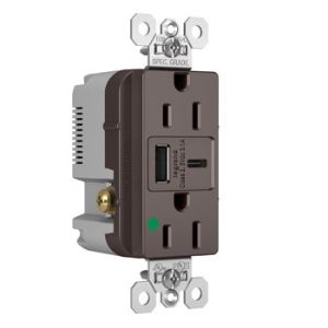 PASS AND SEYMOUR TR15HUSBAC USB Charger Receptacle, Tamper Resistant, 15A, 125V, Brown | CH3YRU