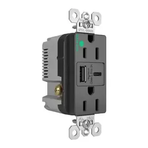 PASS AND SEYMOUR TR15HUSBAC6BK USB Charger Receptacle, Tamper Resistant, Fast Charging, 15A, 125V, Black | CH3YTU