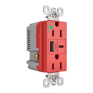 PASS AND SEYMOUR TR15HUSBAC6RED USB Charger Receptacle, Tamper Resistant, Fast Charging, 15A, 125V, Red | CH3YUB