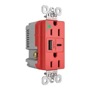 PASS AND SEYMOUR TR15HUSBAC6RED USB Charger Receptacle, Tamper Resistant, Fast Charging, 15A, 125V, Red | CH3YUB