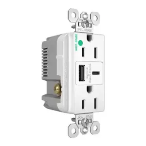 PASS AND SEYMOUR TR15HUSBAC6W USB Charger Receptacle, Tamper Resistant, Fast Charging, 15A, 125V, White | CH3YTX