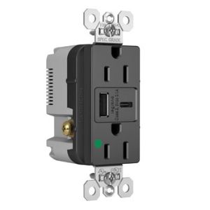 PASS AND SEYMOUR TR15HUSBACBK USB Charger Receptacle, Tamper Resistant, 15A, 125V, Black | CH3YRT