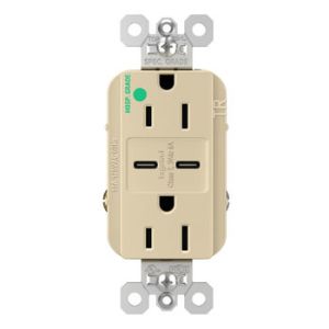 PASS AND SEYMOUR TR15HUSBCC6I USB Charger Receptacle, Tamper Resistant, Fast Charging, 15A, 125V, Ivory | CH3YTR