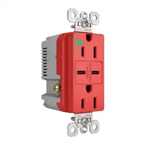 PASS AND SEYMOUR TR15HUSBCC6RED USB Charger Receptacle, Tamper Resistant, Fast Charging, 15A, 125V, Red | CH3YTZ