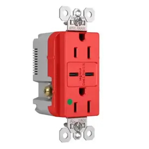 PASS AND SEYMOUR TR15HUSBCCRED USB Charger Receptacle, Tamper Resistant, Dual USBC, 15A, 125V, Red | CH3YRY