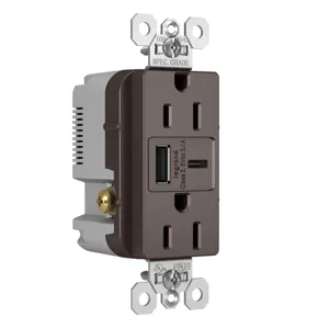 PASS AND SEYMOUR TR15USBAC USB Charger Receptacle, Tamper Resistant, 15A, 125V, Brown | CH3YTJ