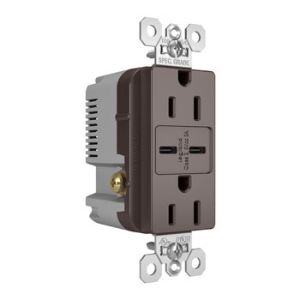 PASS AND SEYMOUR TR15USBCC6 USB Charger Receptacle, Tamper Resistant, Fast Charging, 15A, 125V, Brown | CH3YUD