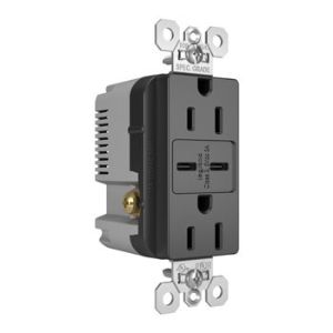 PASS AND SEYMOUR TR15USBCC6BK USB Charger Receptacle, Tamper Resistant, Fast Charging, 15A, 125V, Black | CH3YUC