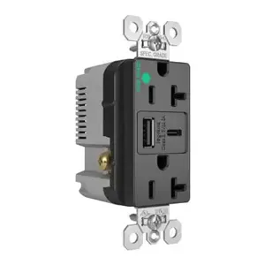 PASS AND SEYMOUR TR20HUSBAC6BK USB Charger Receptacle, Tamper Resistant, Fast Charging, 20A, 125V, Black | CH3ZJQ