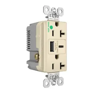 PASS AND SEYMOUR TR20HUSBAC6LA USB Charger Receptacle, Tamper Resistant, Fast Charging, 20A, 125V, Light Almond | CH3ZJU