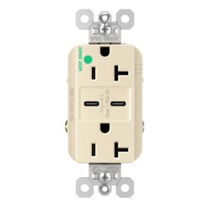 PASS AND SEYMOUR TR20HUSBCC6LA USB Charger Receptacle, Tamper Resistant, Fast Charging, 20A, 125V, Light Almond | CH3ZJN