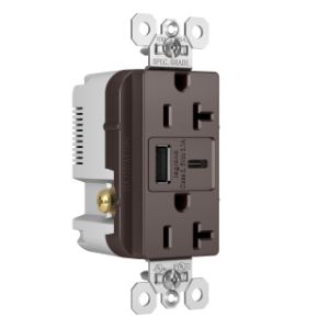 PASS AND SEYMOUR TR20USBAC USB Charger Receptacle, Tamper Resistant, 20A, 125V, Brown | CH3ZJC