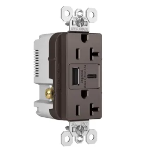 PASS AND SEYMOUR TR20USBAC USB Charger Receptacle, Tamper Resistant, 20A, 125V, Brown | CH3ZJC