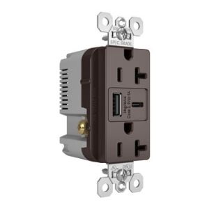 PASS AND SEYMOUR TR20USBAC6 USB Charger Receptacle, Tamper Resistant, Fast Charging, 20A, 125V, Brown | CH3ZKK