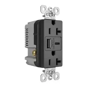 PASS AND SEYMOUR TR20USBAC6BK USB Charger Receptacle, Tamper Resistant, Fast Charging, 20A, 125V, Black | CH3ZKJ