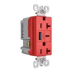 PASS AND SEYMOUR TR20USBAC6RED USB Charger Receptacle, Tamper Resistant, Fast Charging, 20A, 125V, Red | CH3ZKQ