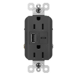 PASS AND SEYMOUR WRTR15USBAC6BK USB Charger Receptacle, Tamper Resistant, Fast Charging, 15A, 125V, Black | CH3YUQ