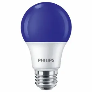 PHILIPS 8A19/LED/BLUE/P/ND 120V 4/1FB LED Bulb, A, A19, Medium Screw, Medium Screw, 40W INC, 3000K, 8 W Watts, 60 lm, LED | CT7RKF 54YP59