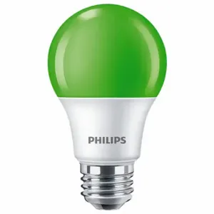 PHILIPS 8A19/LED/GREEN/P/ND 120V 4/1FB LED Bulb, A, A19, Medium Screw, Medium Screw, 40W INC, 3000K, 8 W Watts, 60 lm, LED | CT7RKC 54YP63