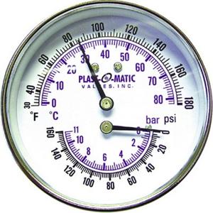 PLAST-O-MATIC PT160C-2-1/2-SS Druck- und Temperaturmessgerät, Messing in der Mitte hinten, 2-1/2 Zoll Größe | CD4JUT
